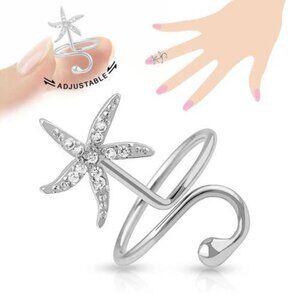 ADJUSTABLE RHODIUM PLATED BRASS STARFISH NAIL-RING WITH CZS